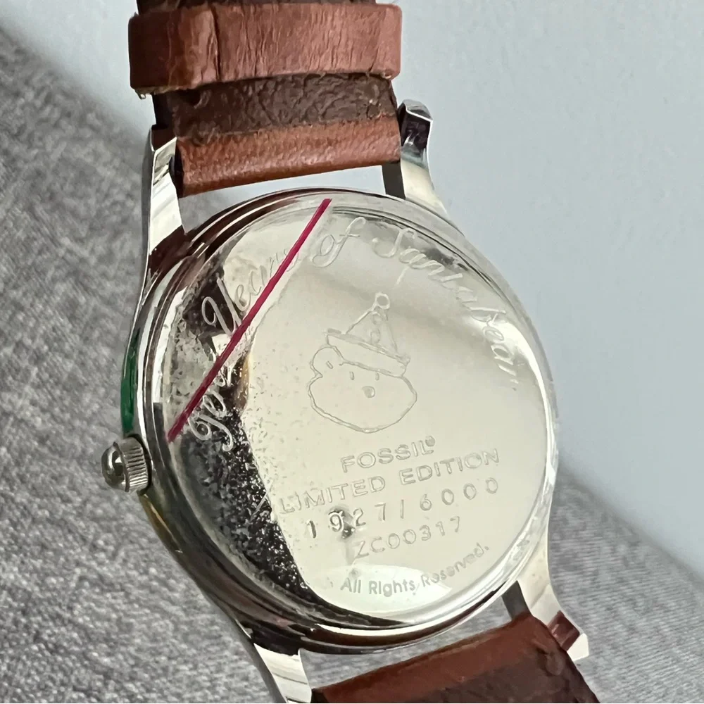 Fossil Vintage Santabear Watch 1994 Ten Years Brown Band Silver Gold NO BATTERY
